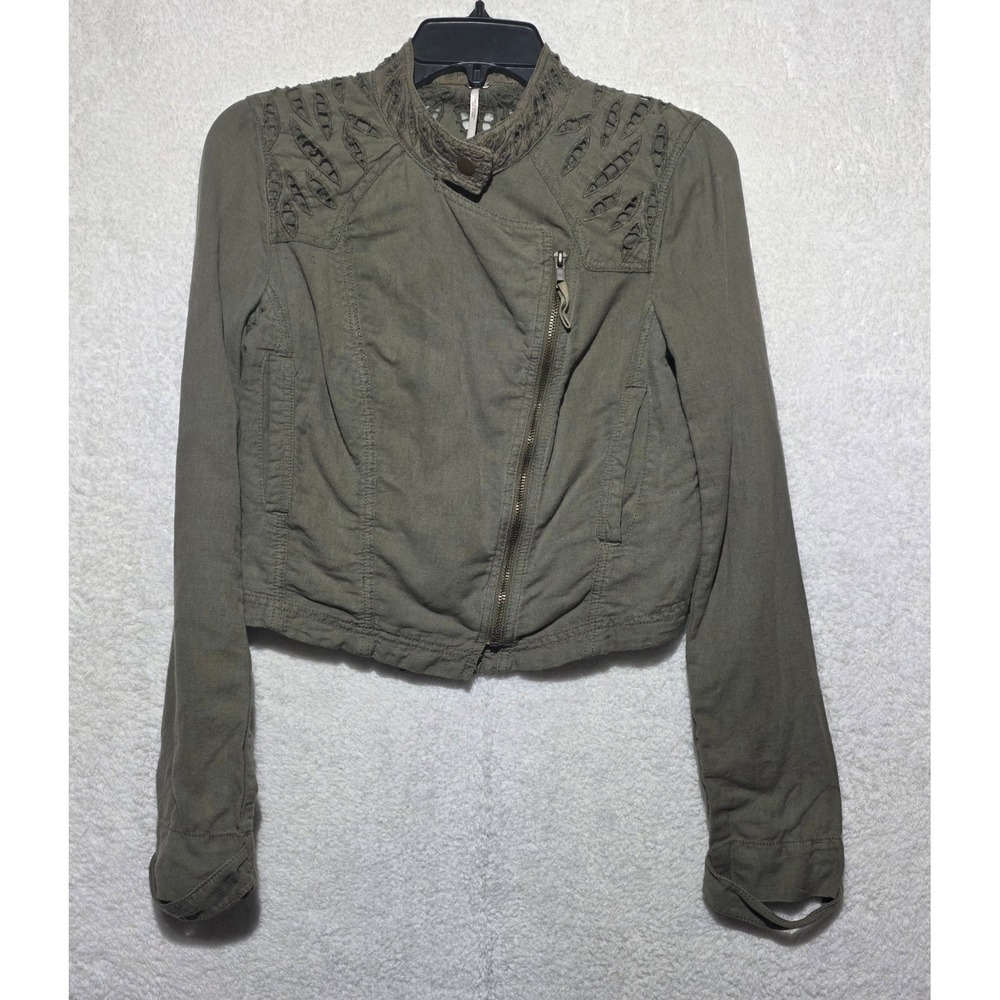Free People Olive Green Eyelet Embroidered Asymmetrical Zip Moto Jacket Size 2